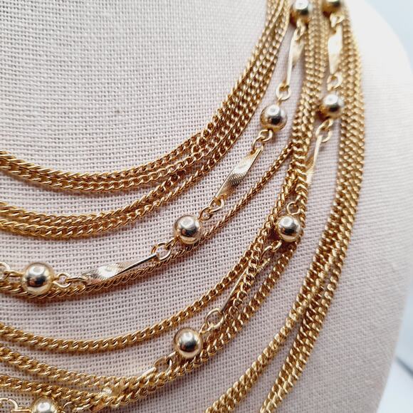 Japan Vintage 14-Strand Gold Tone Layered Necklace 15 Inch Retro - Picture 5 of 11